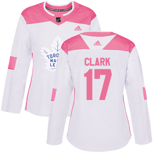 Adidas Maple Leafs #17 Wendel Clark White/Pink Authentic Fashion Women's Stitched NHL Jersey - Click Image to Close